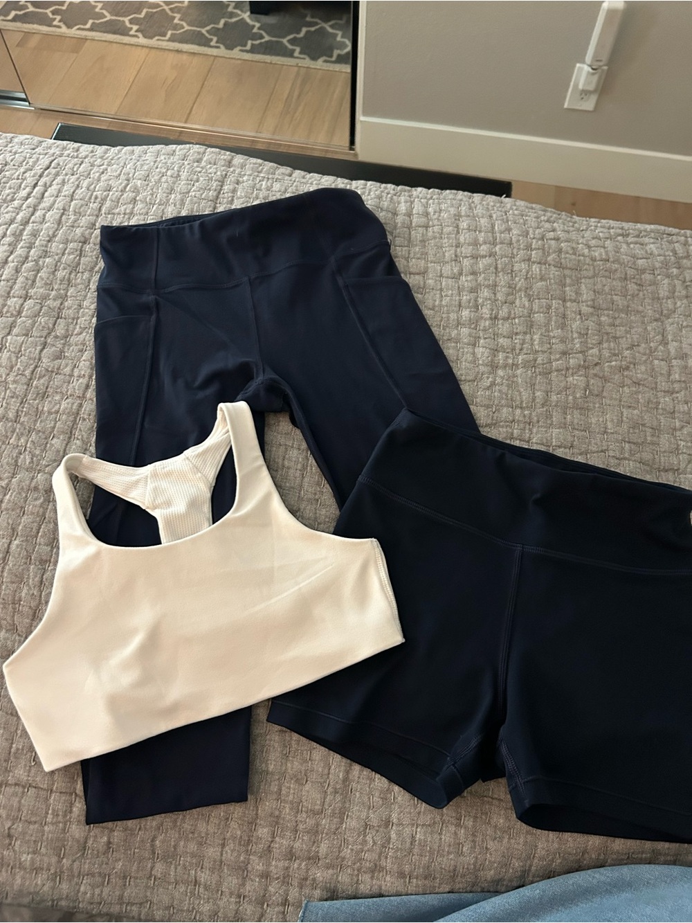 Athleta Girl Navy Legging, short and white sports bra set in size large